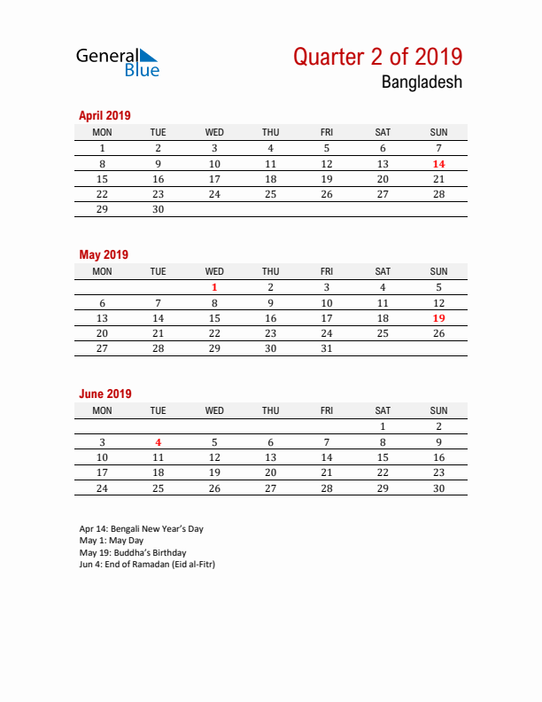 Printable Three Month Calendar with Bangladesh Holidays