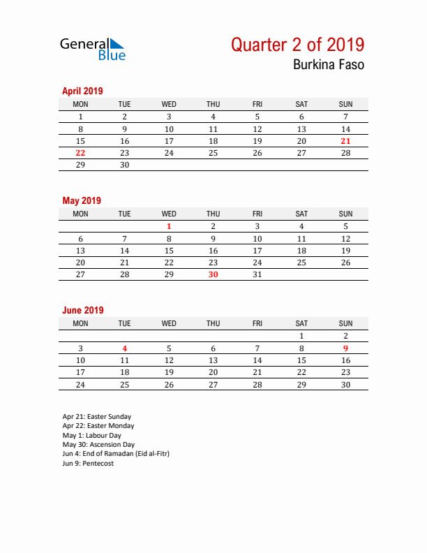 Printable Three Month Calendar with Burkina Faso Holidays