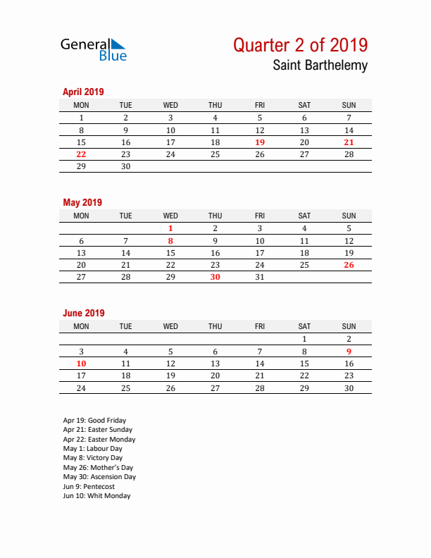 Printable Three Month Calendar with Saint Barthelemy Holidays