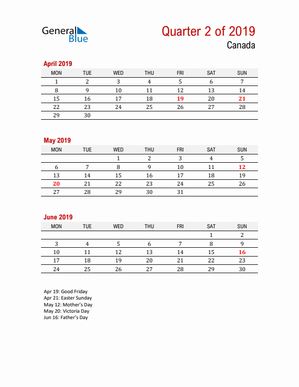 Printable Three Month Calendar with Canada Holidays