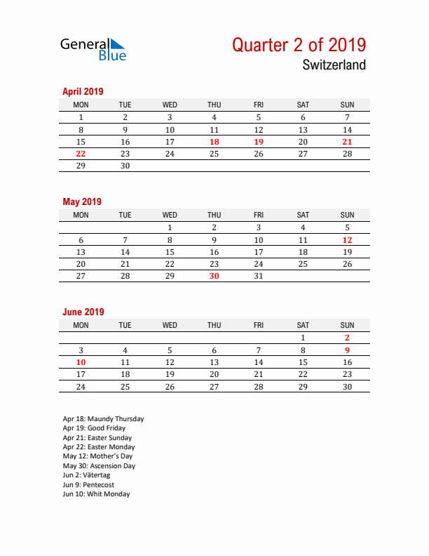 Printable Three Month Calendar with Switzerland Holidays