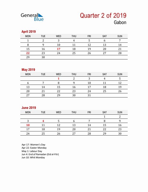 Printable Three Month Calendar with Gabon Holidays