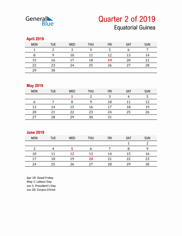 Printable Three Month Calendar with Equatorial Guinea Holidays