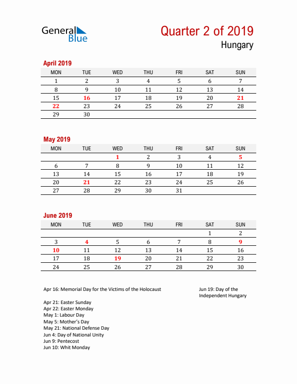 Printable Three Month Calendar with Hungary Holidays