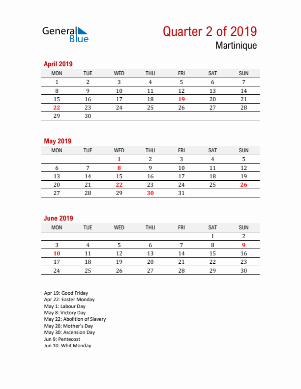 Printable Three Month Calendar with Martinique Holidays