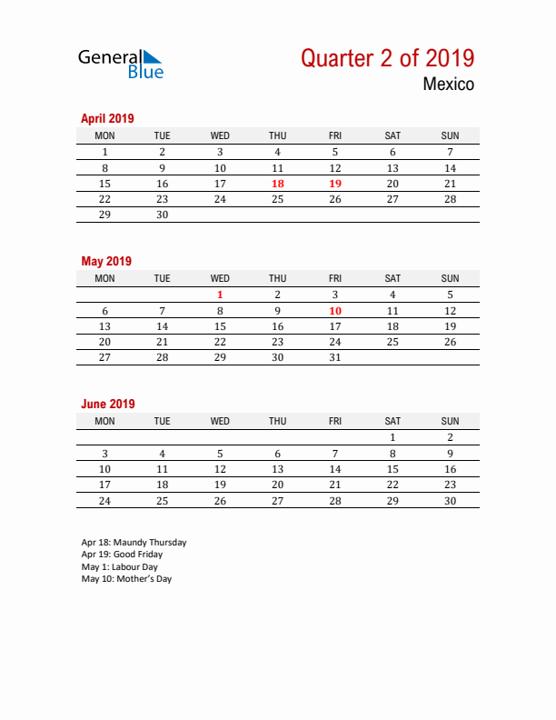 Printable Three Month Calendar with Mexico Holidays