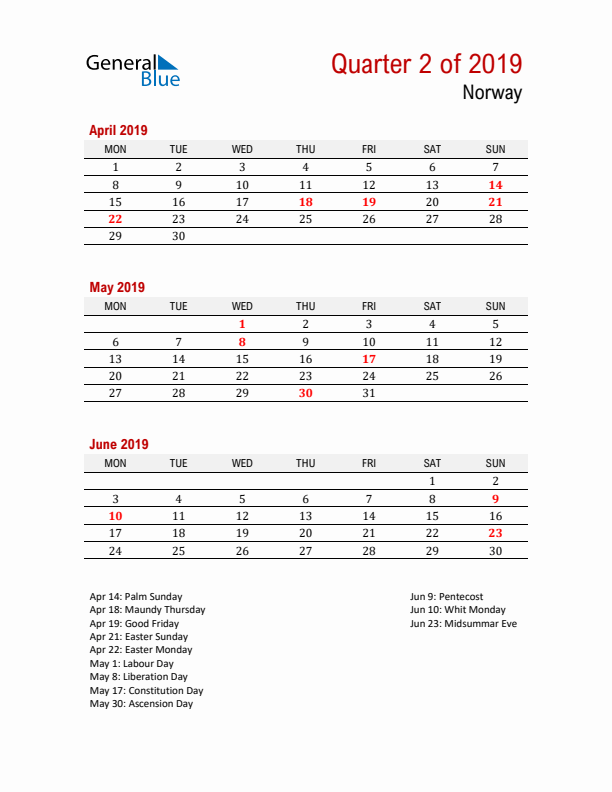 Printable Three Month Calendar with Norway Holidays