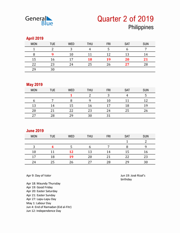 Printable Three Month Calendar with Philippines Holidays