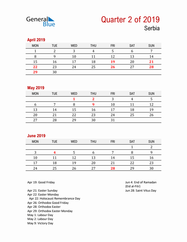 Printable Three Month Calendar with Serbia Holidays