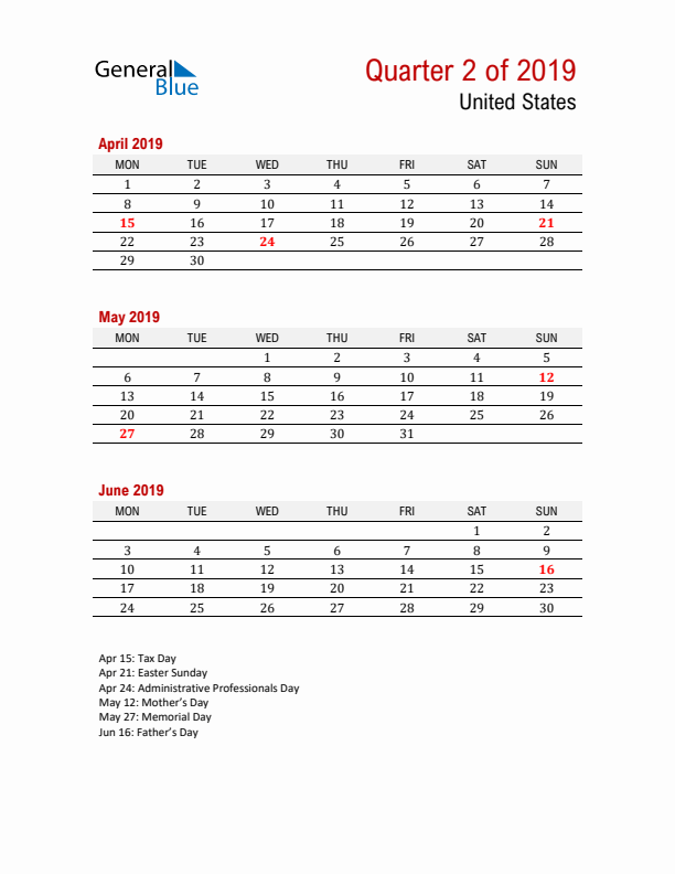 Printable Three Month Calendar with United States Holidays