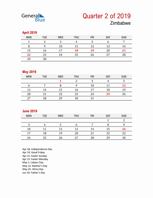 Printable Three Month Calendar with Zimbabwe Holidays