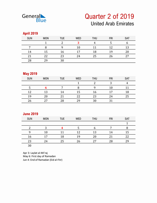 Printable Three Month Calendar with United Arab Emirates Holidays