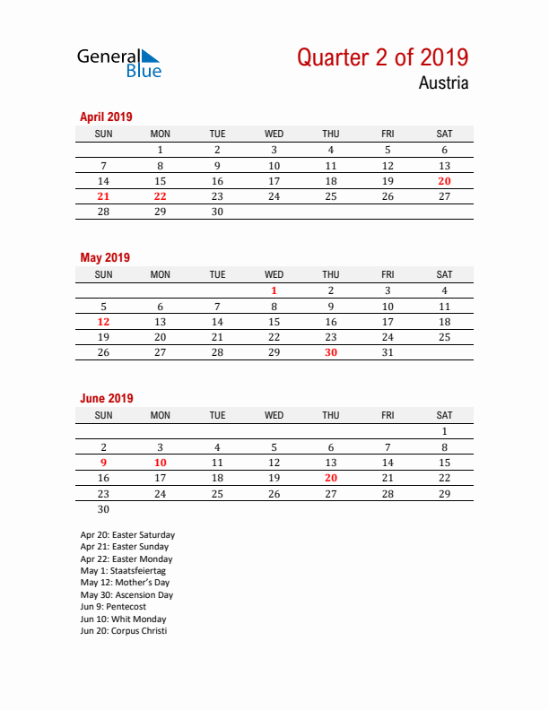 Printable Three Month Calendar with Austria Holidays