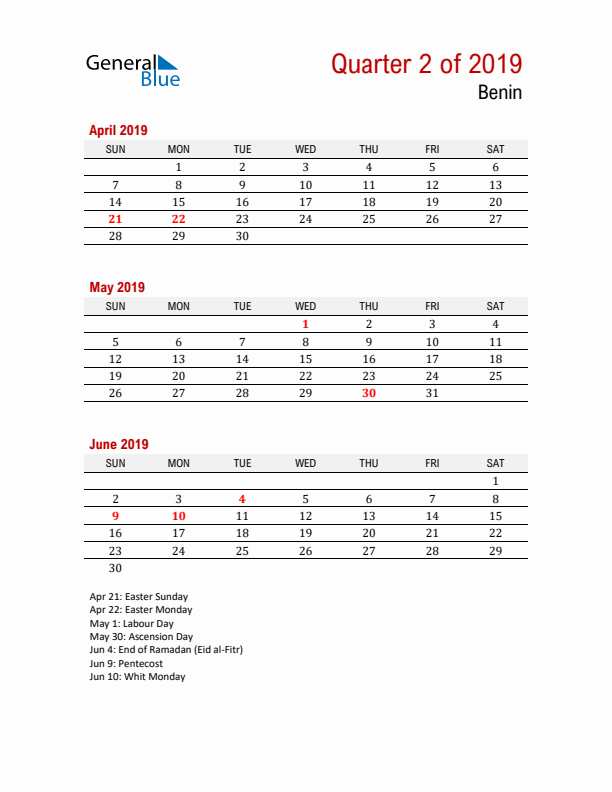 Printable Three Month Calendar with Benin Holidays