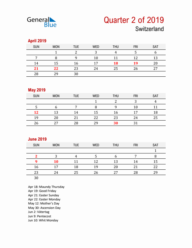 Printable Three Month Calendar with Switzerland Holidays