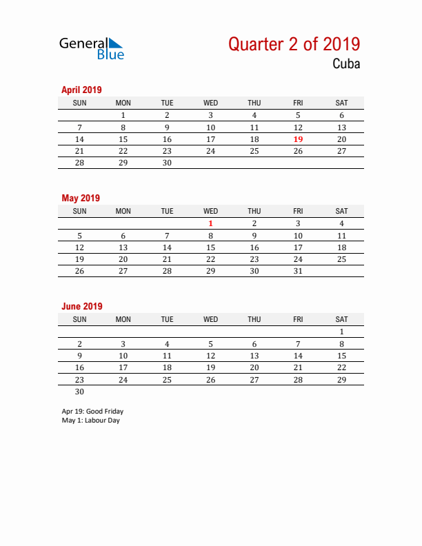 Printable Three Month Calendar with Cuba Holidays