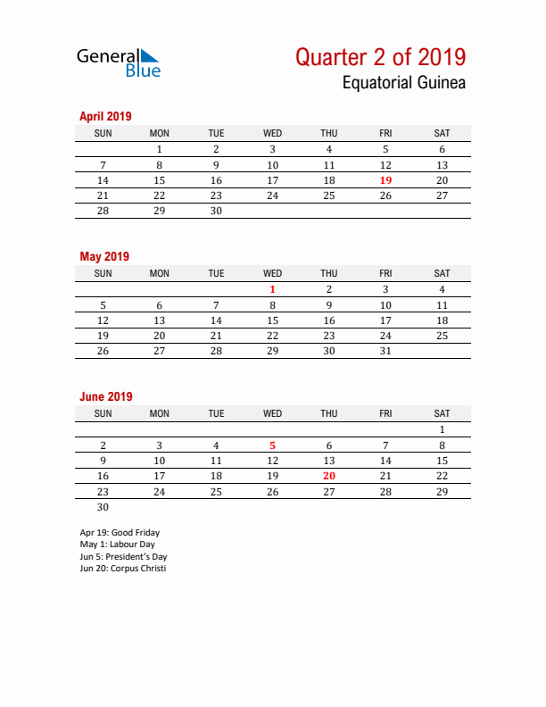 Printable Three Month Calendar with Equatorial Guinea Holidays