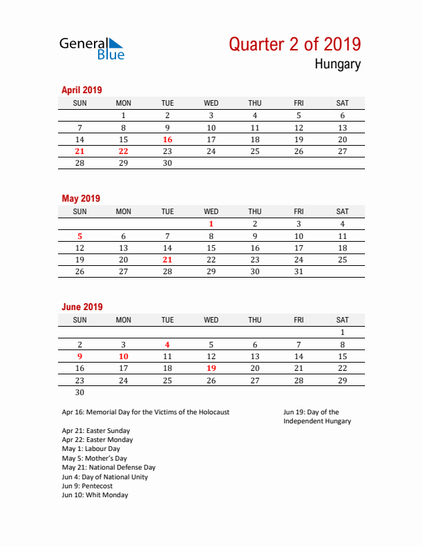 Printable Three Month Calendar with Hungary Holidays