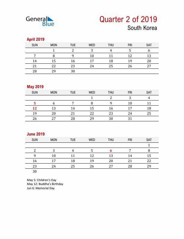 Printable Three Month Calendar with South Korea Holidays