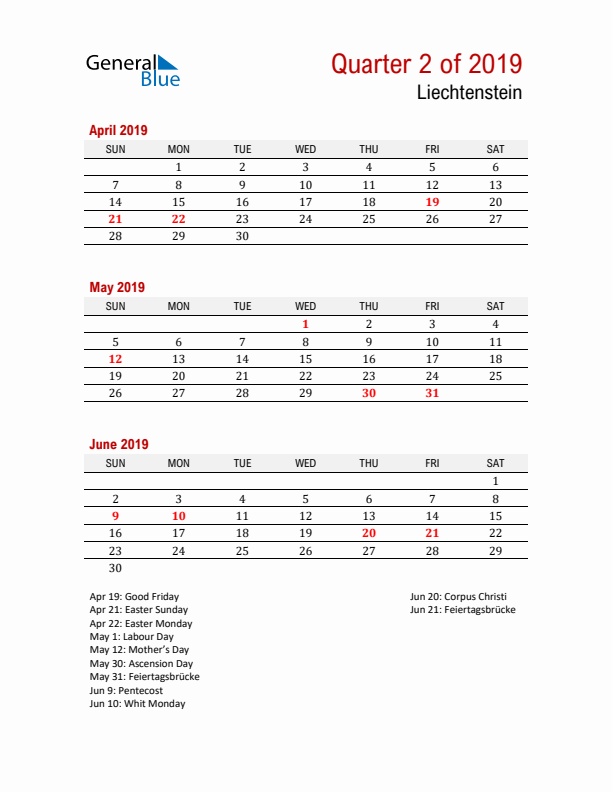 Printable Three Month Calendar with Liechtenstein Holidays