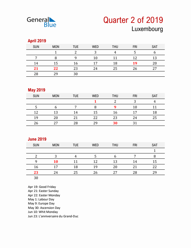 Printable Three Month Calendar with Luxembourg Holidays