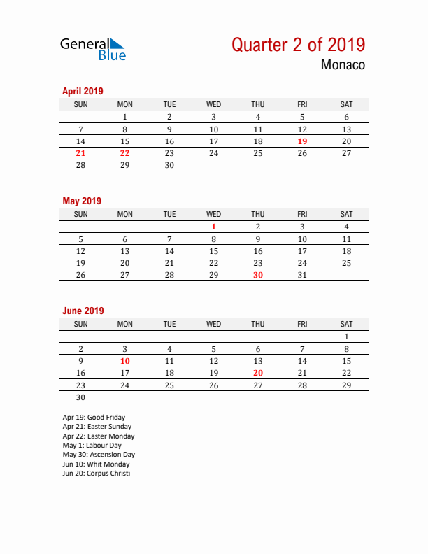 Printable Three Month Calendar with Monaco Holidays