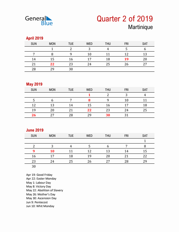 Printable Three Month Calendar with Martinique Holidays