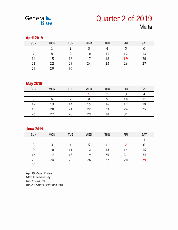 Printable Three Month Calendar with Malta Holidays