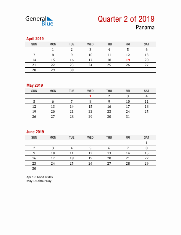 Printable Three Month Calendar with Panama Holidays