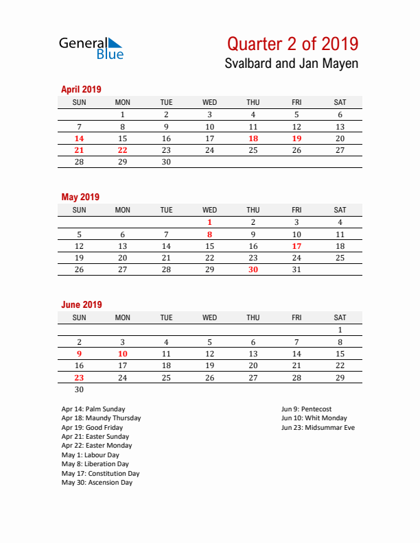 Printable Three Month Calendar with Svalbard and Jan Mayen Holidays