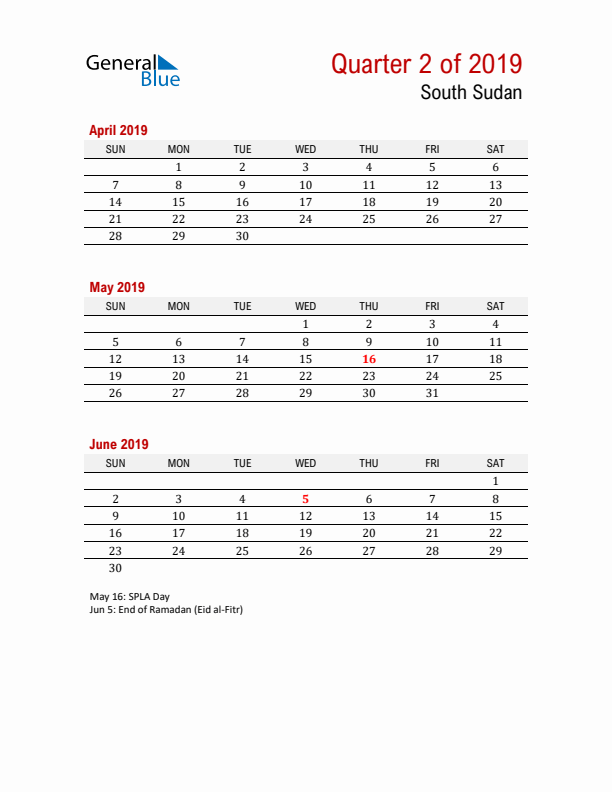 Printable Three Month Calendar with South Sudan Holidays