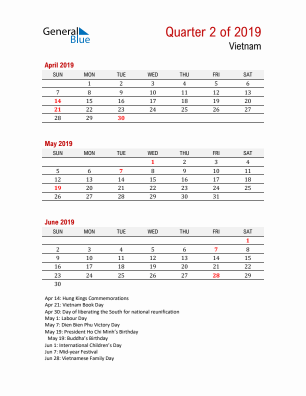 Printable Three Month Calendar with Vietnam Holidays