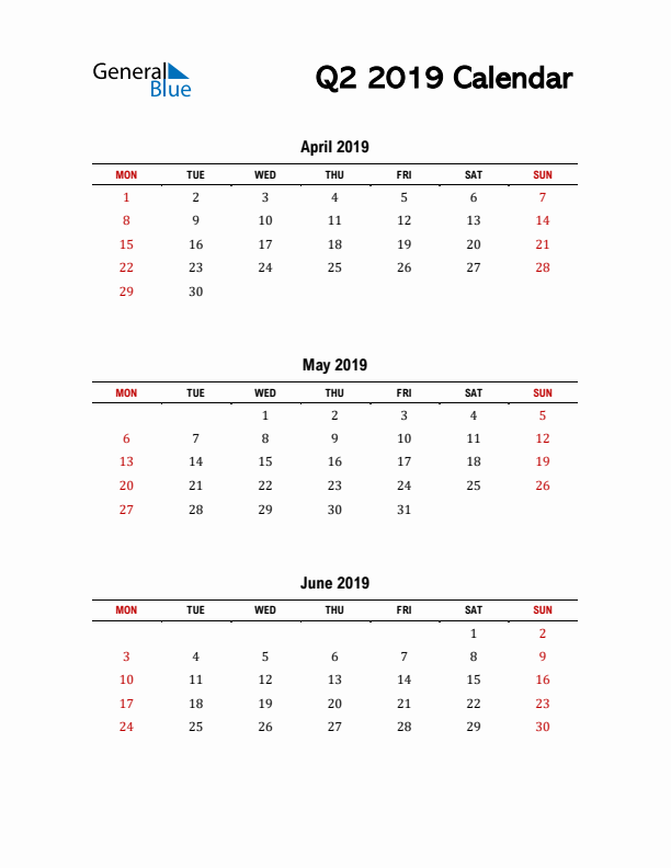 2019 Q2 Calendar with Red Weekend