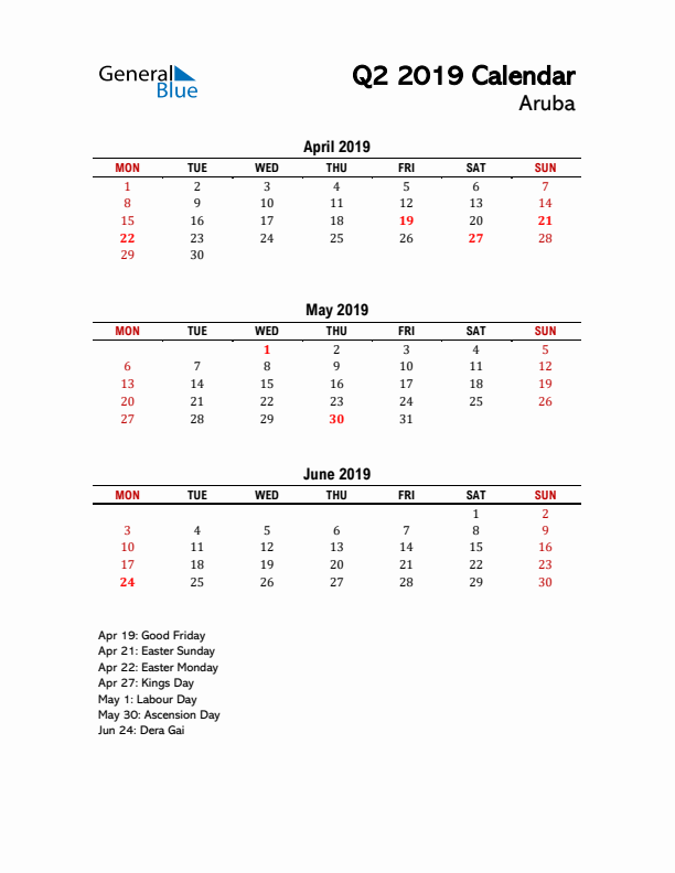 2019 Q2 Calendar with Holidays List for Aruba