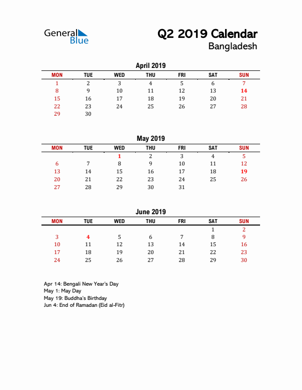 2019 Q2 Calendar with Holidays List for Bangladesh