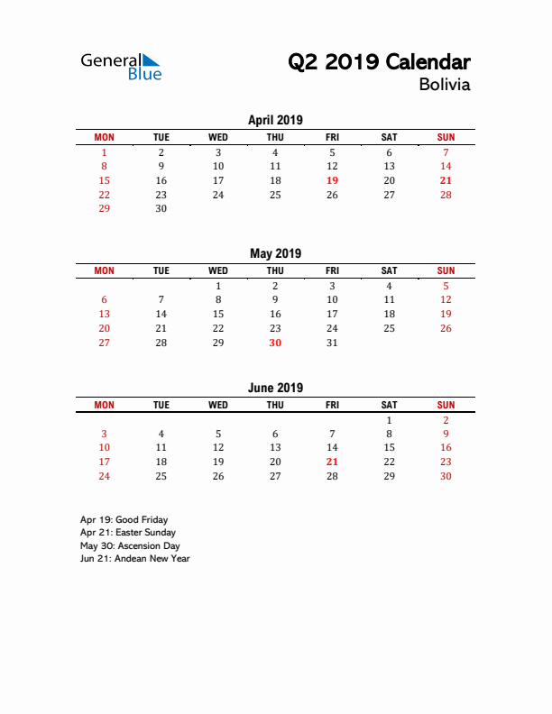 2019 Q2 Calendar with Holidays List for Bolivia