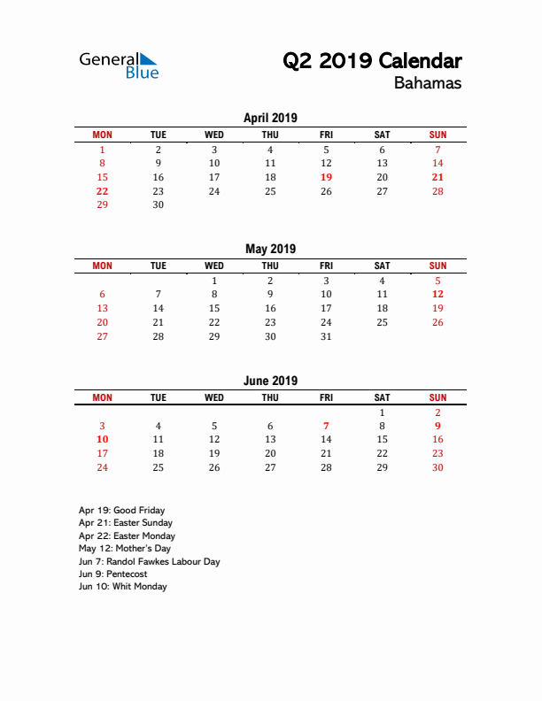 2019 Q2 Calendar with Holidays List for Bahamas