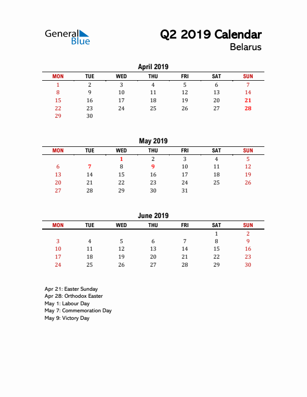 2019 Q2 Calendar with Holidays List for Belarus