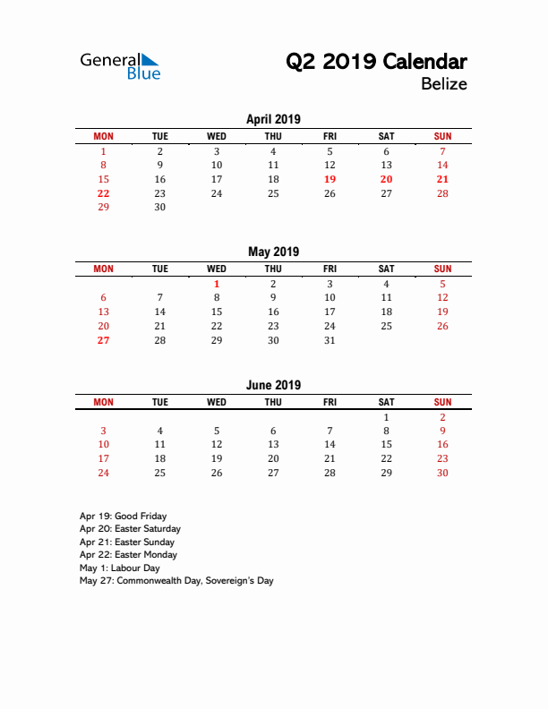 2019 Q2 Calendar with Holidays List for Belize