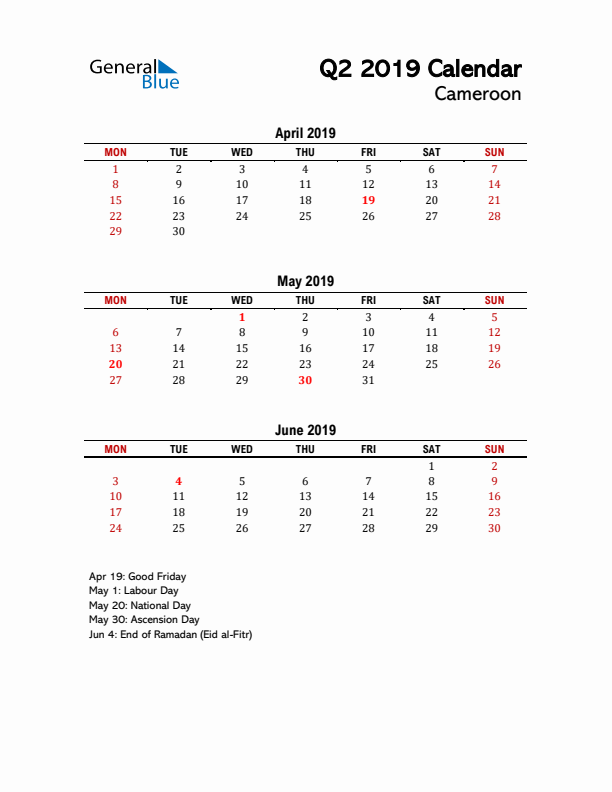 2019 Q2 Calendar with Holidays List for Cameroon