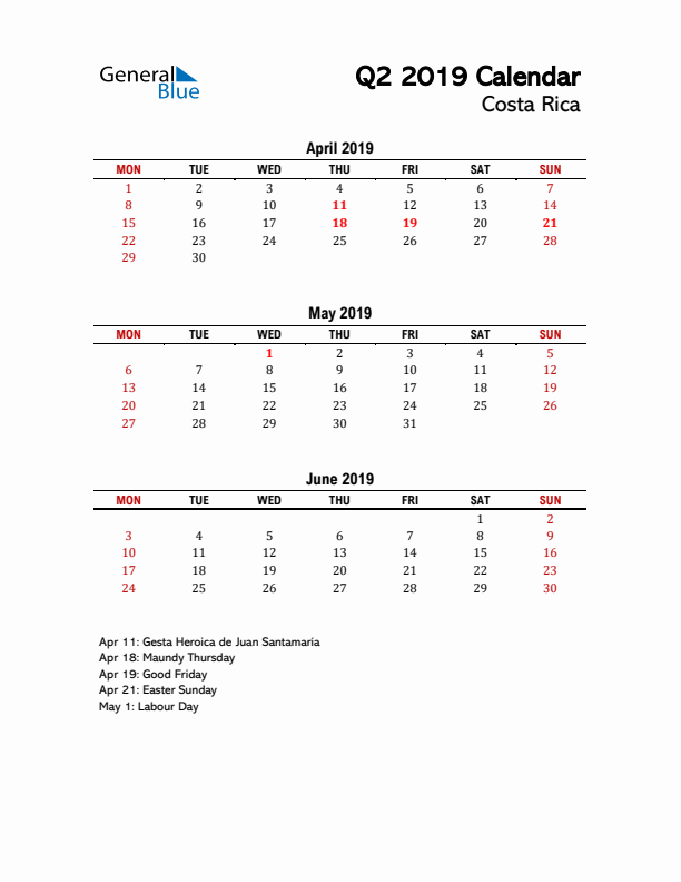 2019 Q2 Calendar with Holidays List for Costa Rica