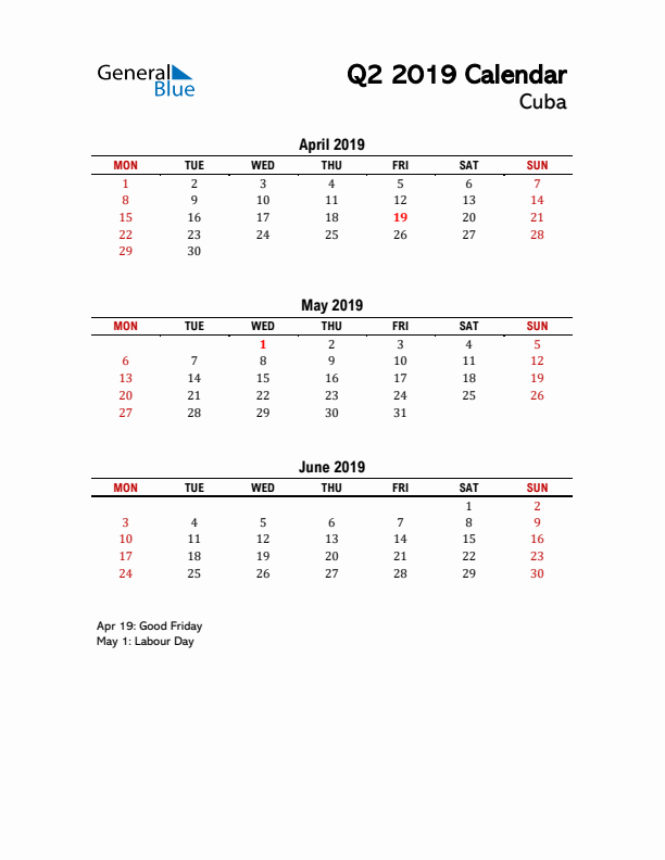 2019 Q2 Calendar with Holidays List for Cuba