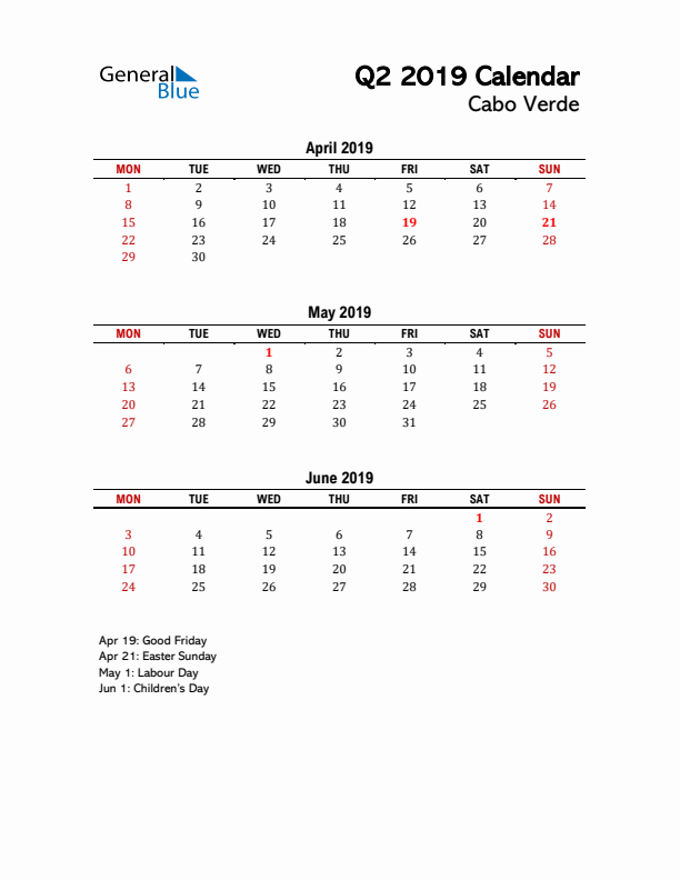 2019 Q2 Calendar with Holidays List for Cabo Verde