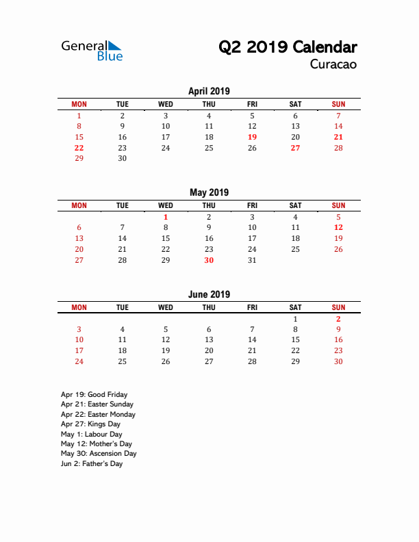 2019 Q2 Calendar with Holidays List for Curacao