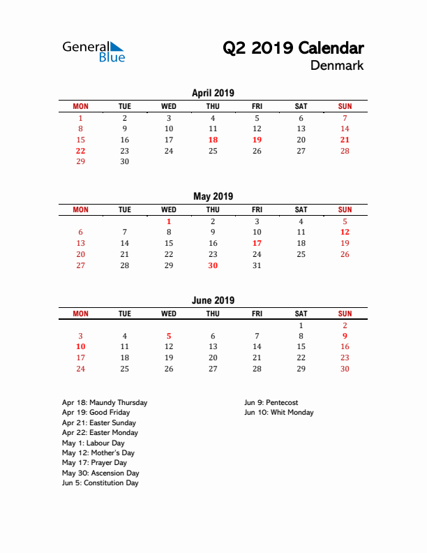 2019 Q2 Calendar with Holidays List for Denmark