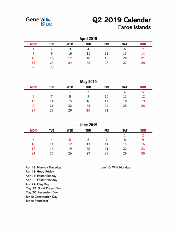 2019 Q2 Calendar with Holidays List for Faroe Islands