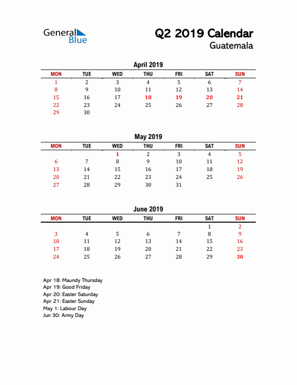 2019 Q2 Calendar with Holidays List for Guatemala