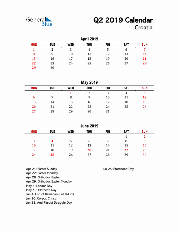 2019 Q2 Calendar with Holidays List for Croatia