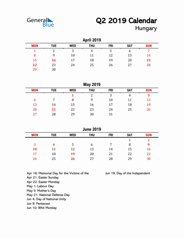 2019 Q2 Calendar with Holidays List for Hungary