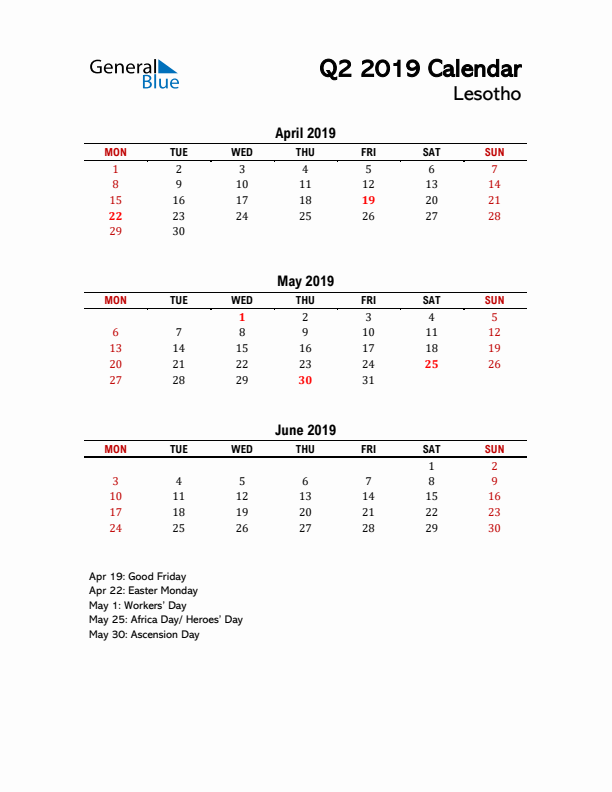 2019 Q2 Calendar with Holidays List for Lesotho